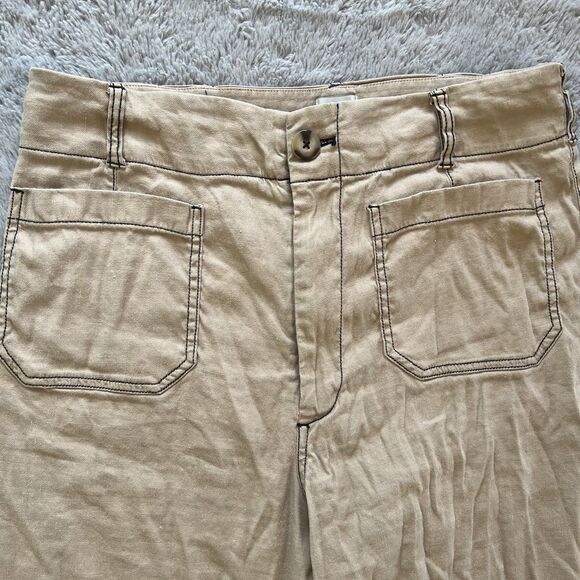 Maeve Anthropologie Colette Contrast-Stitch Linen Crop Wide-Leg Pants 32T Khaki - Picture 3 of 7